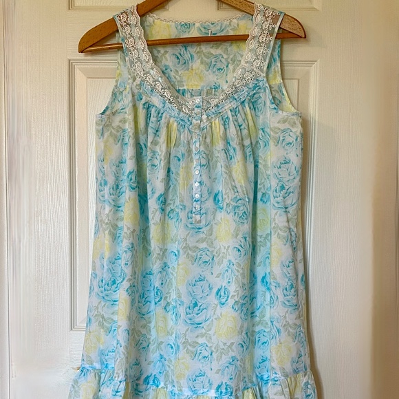 EILEEN WEST Short Sleeveless Chemise Nightgown in Yellow Blue Floral - Size M - Picture 1 of 6